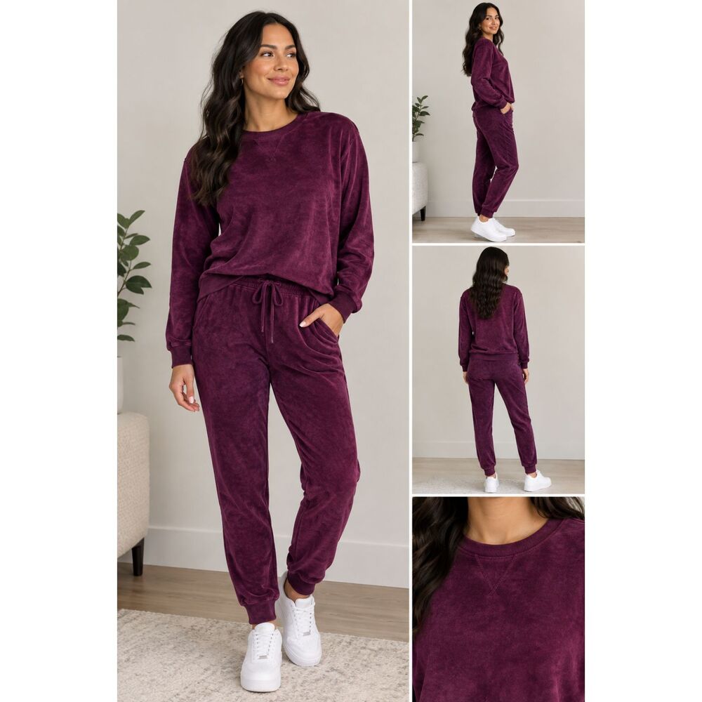 Purple Velour Lounge Set Women's Medium Matching Sweatshirt Joggers